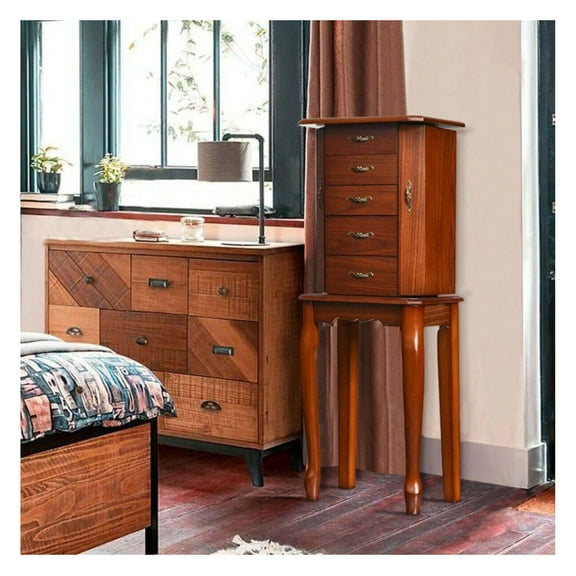 Jewelry Cabinet with 5 Drawers, Walnut Finish - Large Storage Armoire with Mirror - Free Standing Jewelry Organizer for Necklaces, Earrings, Watches