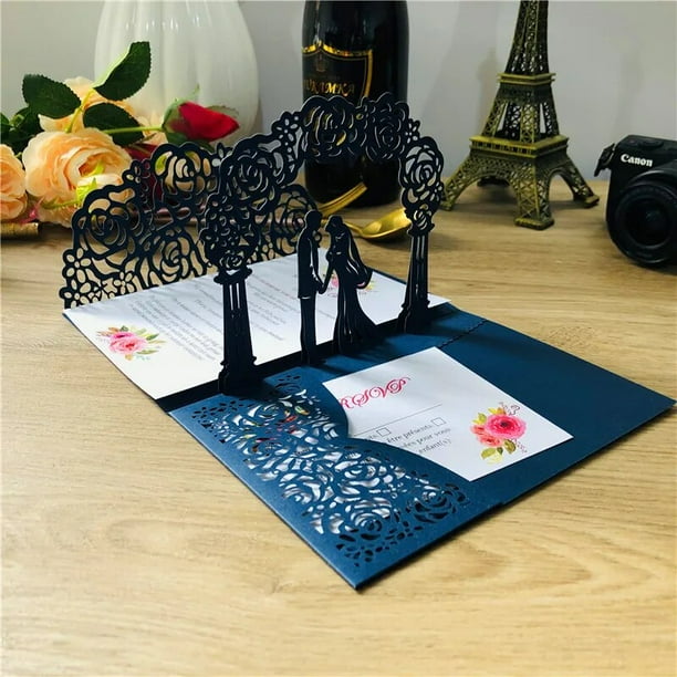 Tarjeta emergente 3D de 3 pliegues, tarjeta de invitación de boda de bolsillo, corte láser, invitación de felicitación con sobre, color dorado y gris, 1 unidad, envío gratis