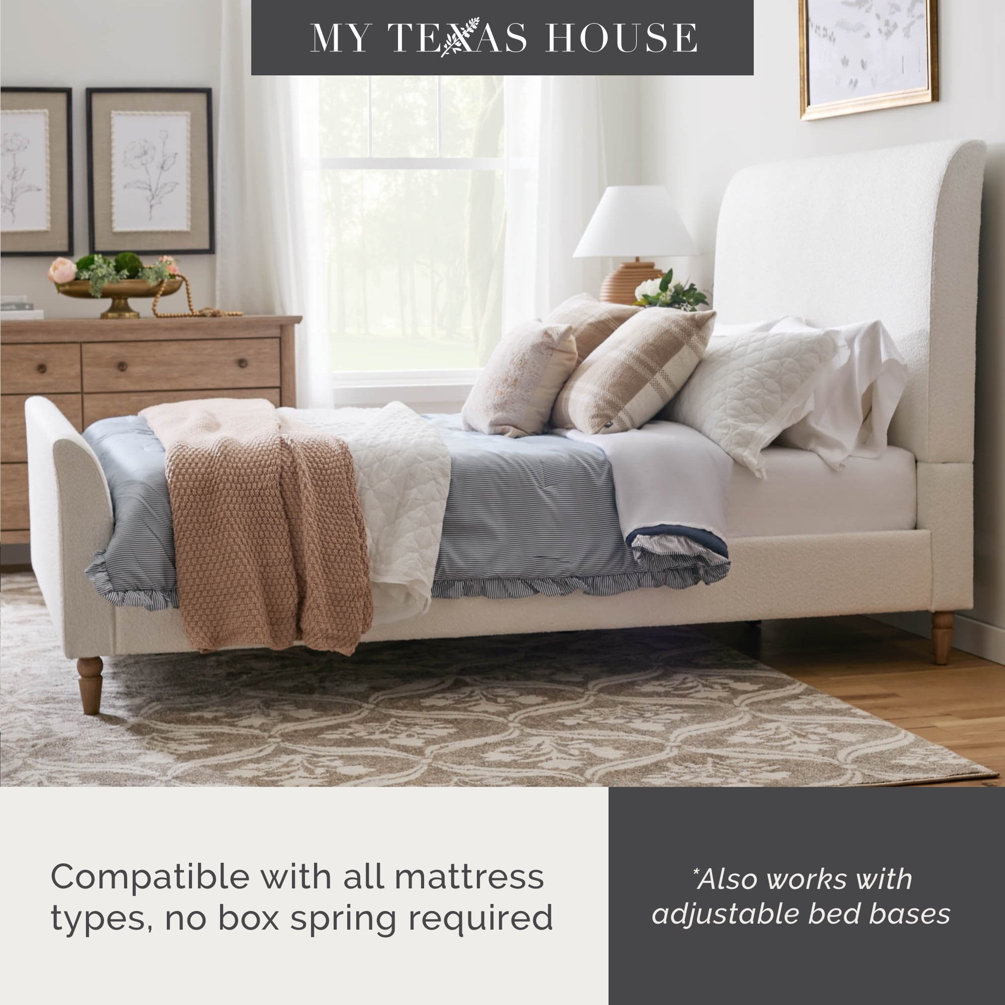 My Texas House Flynn Boucle Platform Bed, King, Cream