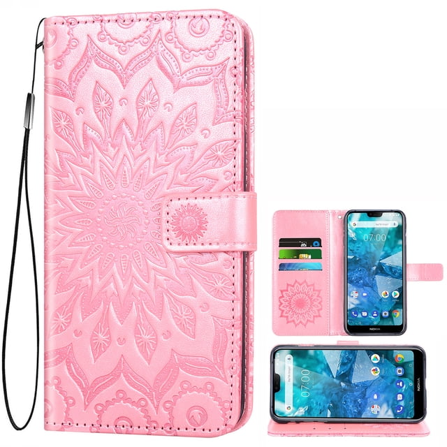 Compatible with Nokia 7.1 Case, PU Leather Nokia 7.1 Wallet Case with RFID Blocking, 2 in 1 Magnetic Detachable Flip Slim Cover Case for Nokia 7.1, Rose Gold