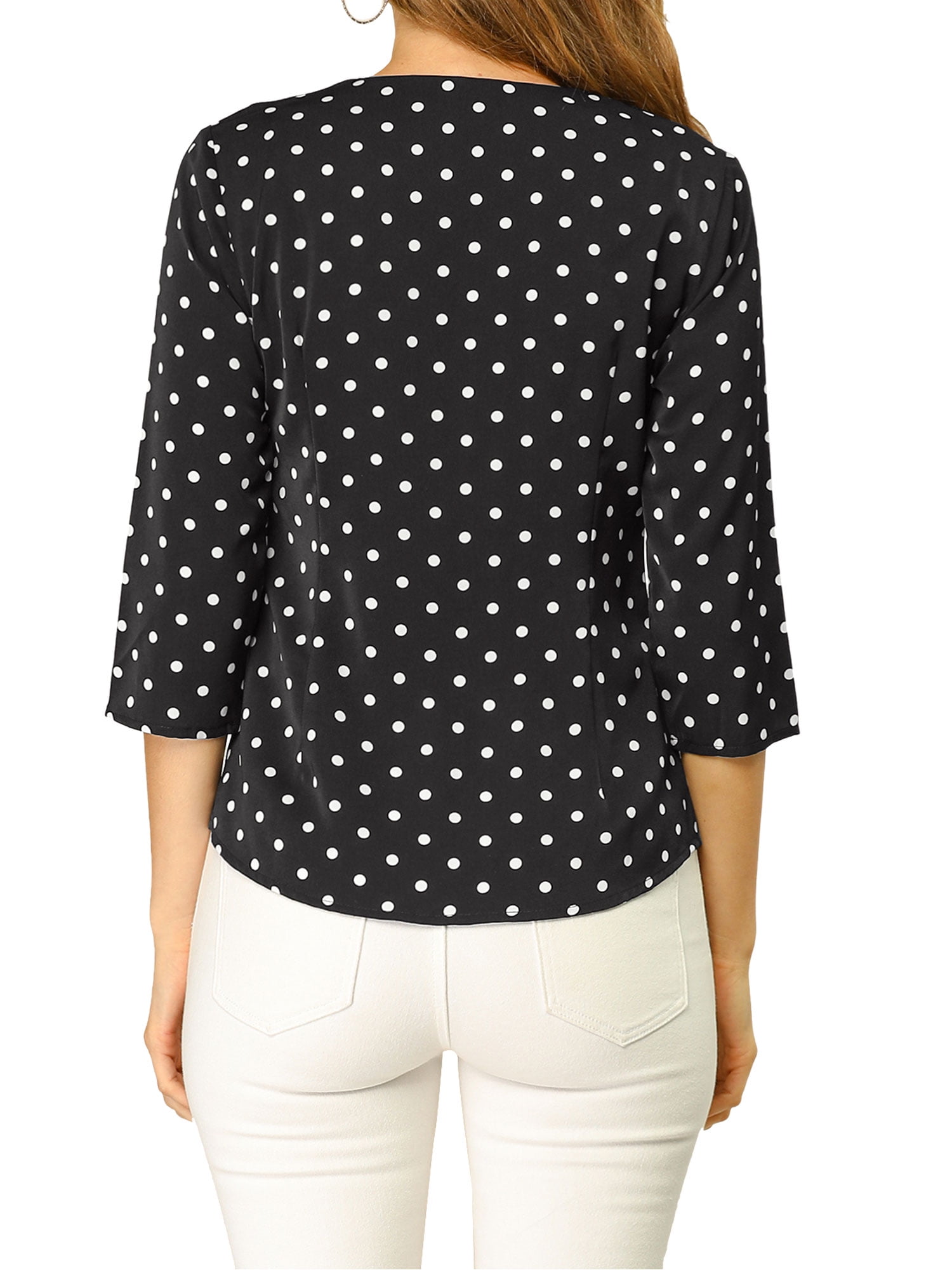 DARING DIVA Women's V Neck Polka Dots 3/4 Sleeve Casual Button Blouse M Black