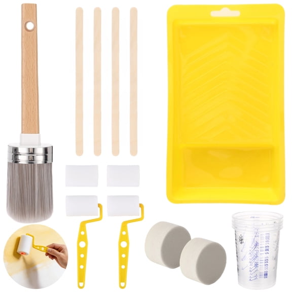 18 Pcs Paint Brush and Roller Set, Painting Supplies Kit, Cabinet Painting Kit with Excellent Filament Brush, Lint-Free Rollers, Plastic Cups, Foam Pads, Wooden Sticks, Paint Tray
