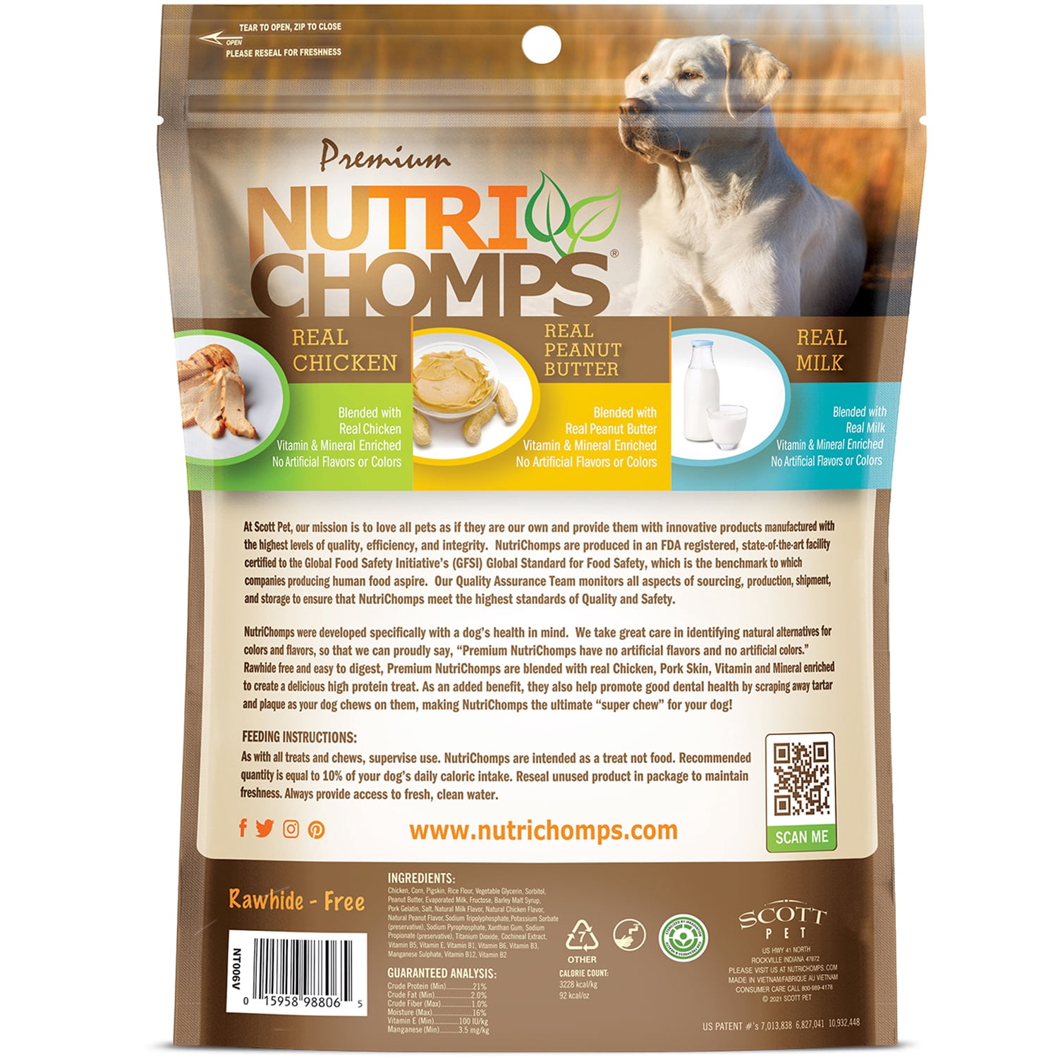 Nutri Chomps Rawhide-Free Knotted Dog Chews, 4-Inch, Chicken, Peanut Butter & Milk Flavor, 9 Count
