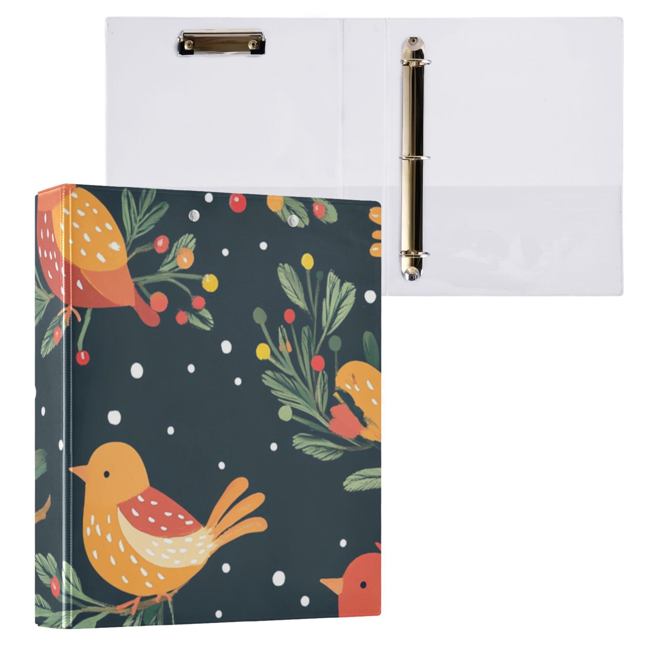 Christmas Birds Leaves 3 Ring Binders 1.5 inch Hardcover File Folders with Interior Pockets A4 Size Organizer for School Office Hospital