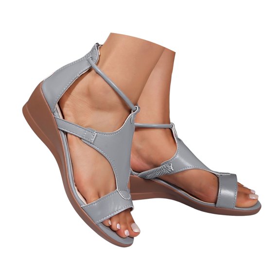 Bibifish Womens Wedge Sandals Minimal T-Strap Hollow Cutout Back Zipper Ankle Buckle Ladies Sandals Summer Outdoor Everyday Wear Casual Sandals