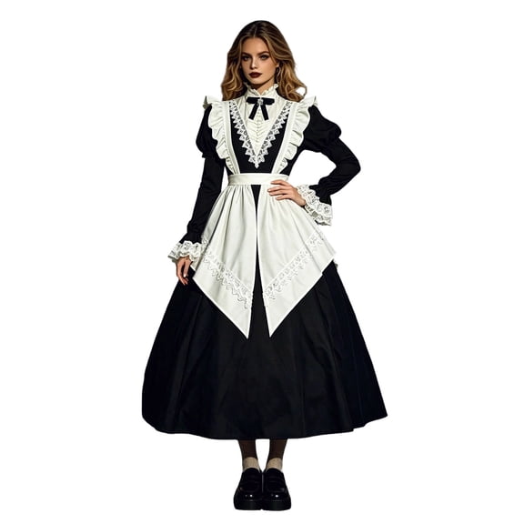 Xijirk Womens Victorian Maid Costume High Neck Long Puff Sleeve Lace Ruffle Maxi Dress with Lace Apron for Halloween Cosplay Party Role Play,Black,M
