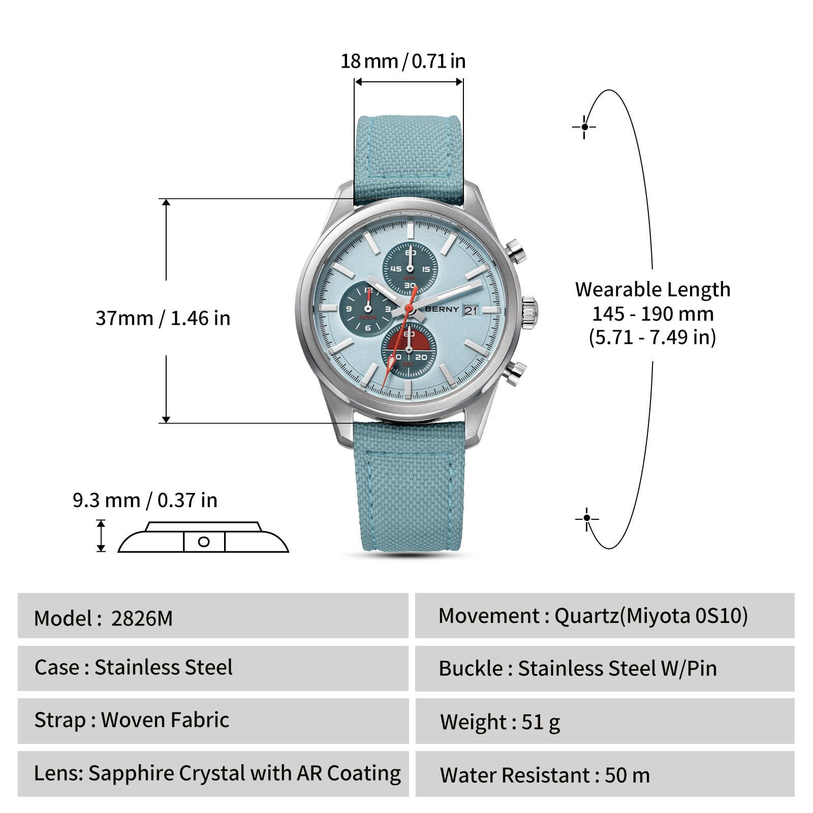 BERNY Mens Watches Analog Quartz Chronograph Watch with Date Canvas Strap Luminous Sapphire Crystal Luxury Fashion Business Casual 50M Waterproof Wrist Watches for Men (Blue)