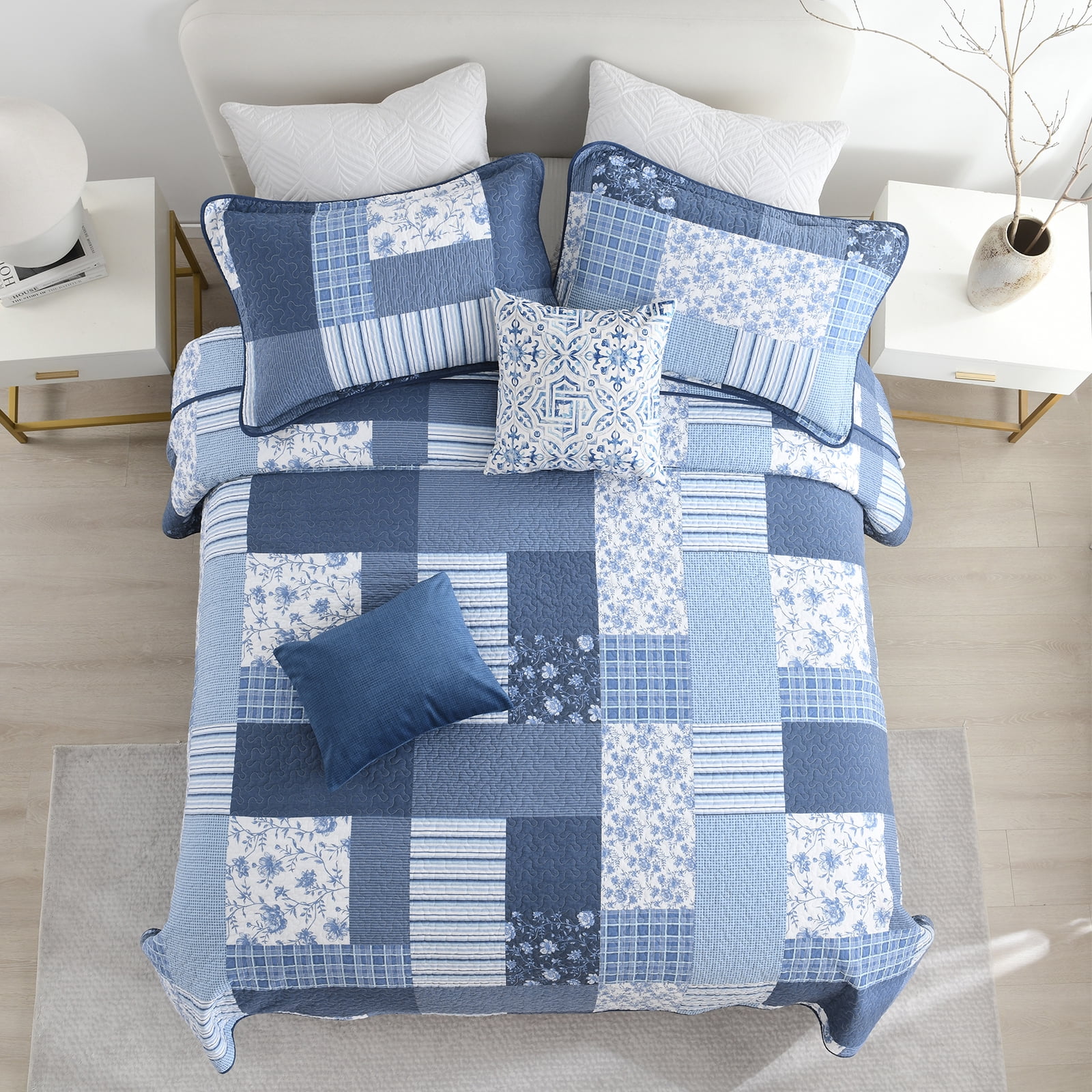 DDUOXIN Blue King Size Quilts - 100% Cotton King Size Bedspread Quilt Set, Floral Plaid Quilt for King Bed, Lightweight Reversible Bed Spread Bedding Set with 2 Pillow Shams for All-season, 3-Piece