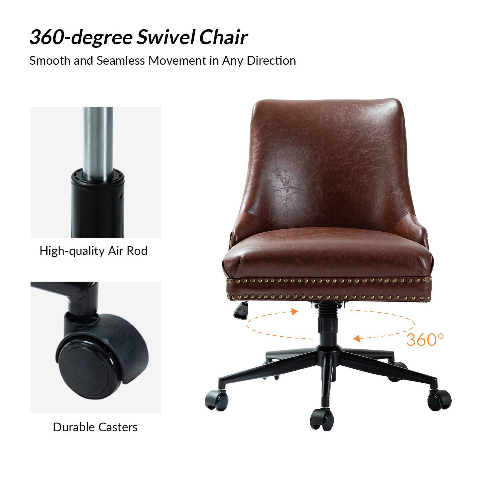 Vegan Leather Task Chair Swivel Home Office Chair Height Adjustable Mid-back Upholstered Nailhead Trim Bedroom Brown