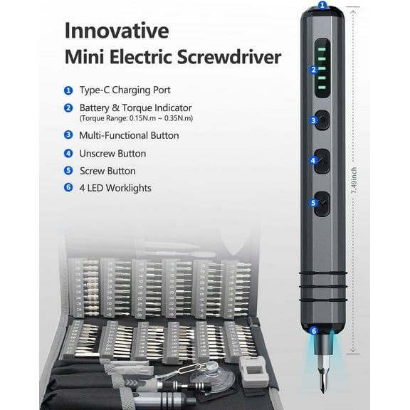 Electric Screwdriver Set 140-IN-1: Cordless Precision Tool with 5 Torque Settings, 120 Bits, LED Light for Electronics Repair