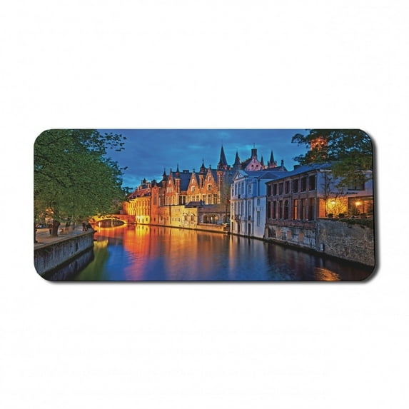 Medieval Computer Mouse Pad, Night Shot of Middle Age Building Along the River Bruges Heritage Old Town Photo, Rectangle Non-Slip Rubber Mousepad X-Large, 35" x 15", Multicolor, by Ambesonne
