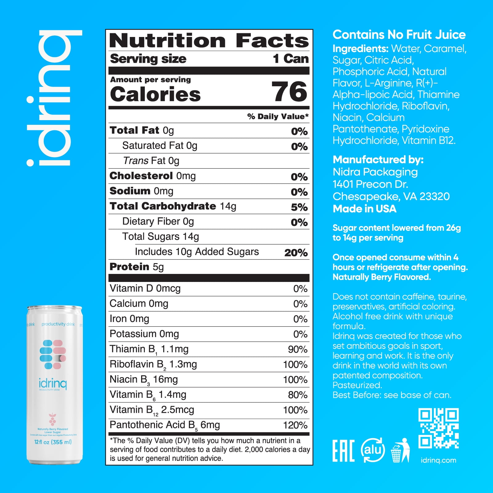 Idrinq - Low Sugar Berry, Caffeine Free Energy Drink, 12oz - 12-Count