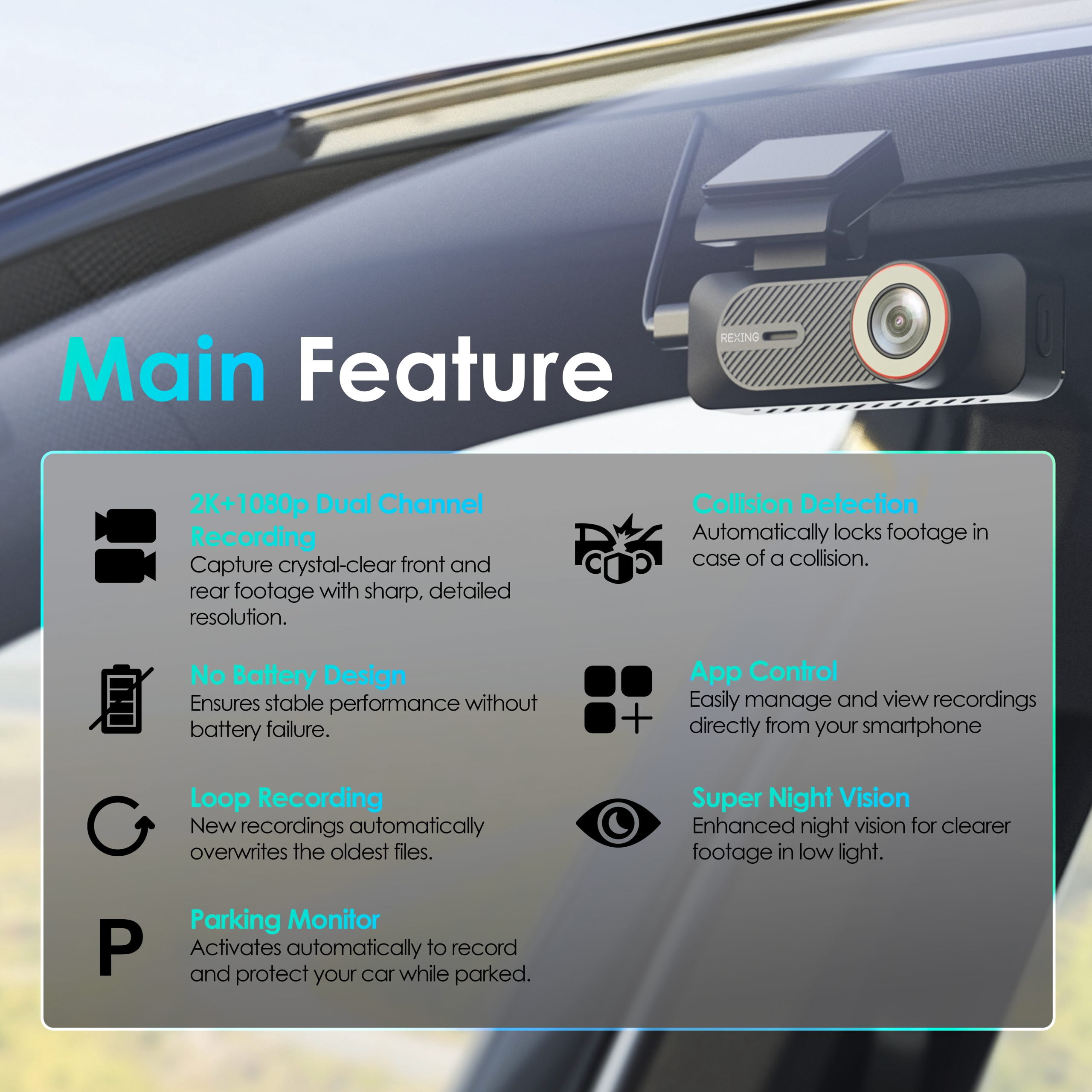 Rexing 2K Front and 1080P Rear Dash Cam with App Control, WiFi, Dual Camera System, Loop Recording, Parking Monitor