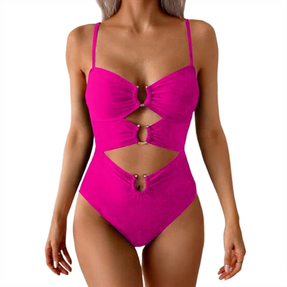 MGDXOX Women's One Piece Cutout Swimsuit Color Block Ring Detail Monokini Bathing Suit Spaghetti Strap High Cut Swimwear for Beach Vacation Hot Pink S