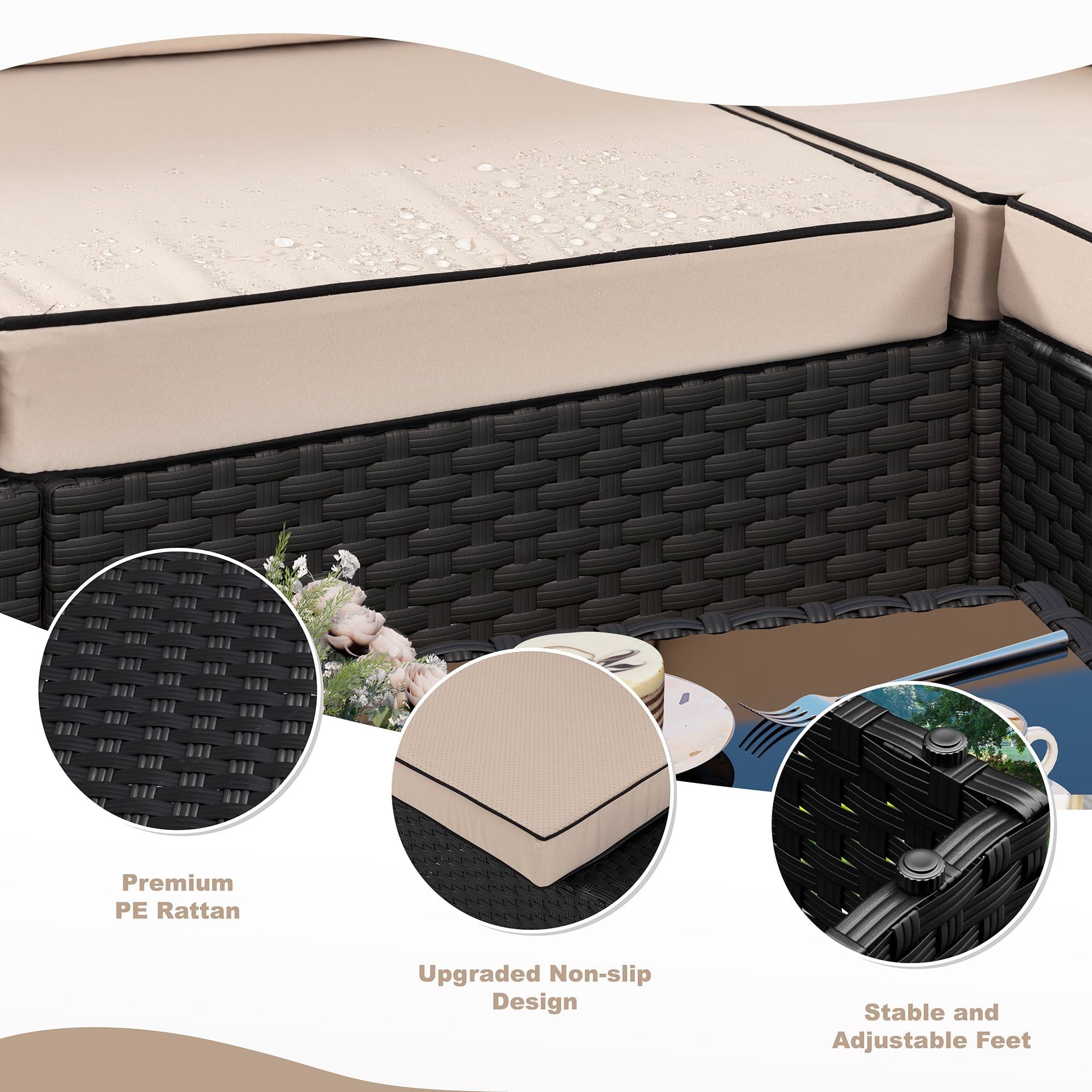 Walsunny 8 Pieces Patio Wicker Rattan Fire Pit Furniture Conversation Sets with Outdoor Sectional Sofa,45" Gas Propane Fire Pit Table,Glass Coffee Table,Black Rattan Khaki Cushion