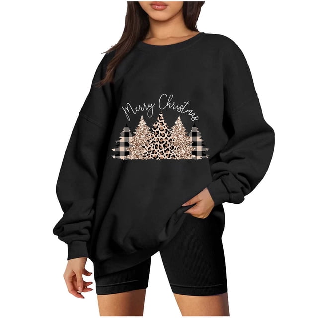 EGNMCR Sweatshirts à Capuche pour Femmes, Sweatshirts pour Femmes, Mode de Noël Imprimée Ample à Manches Longues Blouse Col Rond Pull Décontracté Chandail Women Blouse
