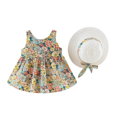 

Baby Girls Dresses 6M-3Y Sleeveless Bowknot Floral Printed Suspenders Princess Dress Hat Set