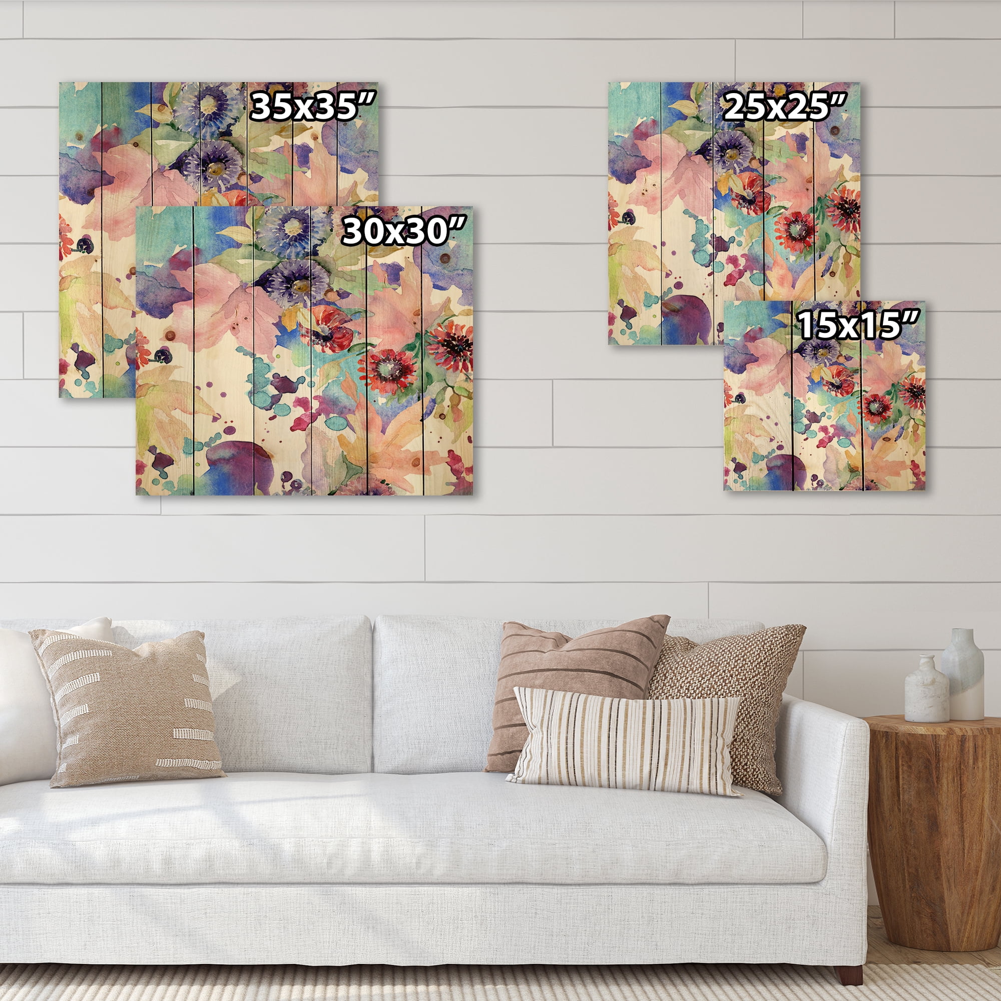 Designart 'Wildflowers and Vibrant Wild Spring Leaves VIII' Modern Print on Natural Pine Wood