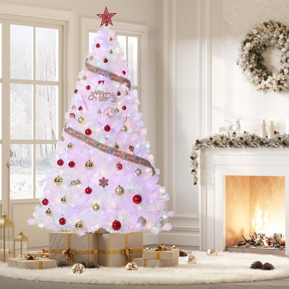 7.5ft Pre-Lit Artificial Christmas Tree with 250 Warm White LED Lights, Laser White Pine Tree Design with Foldable Metal Stand, Perfect for Home and Office Holiday Decorations