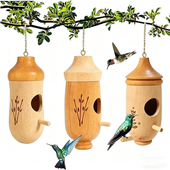 3-Pack Natural Wood Hummingbird House, Outdoor Hanging Bird Nest for Nesting