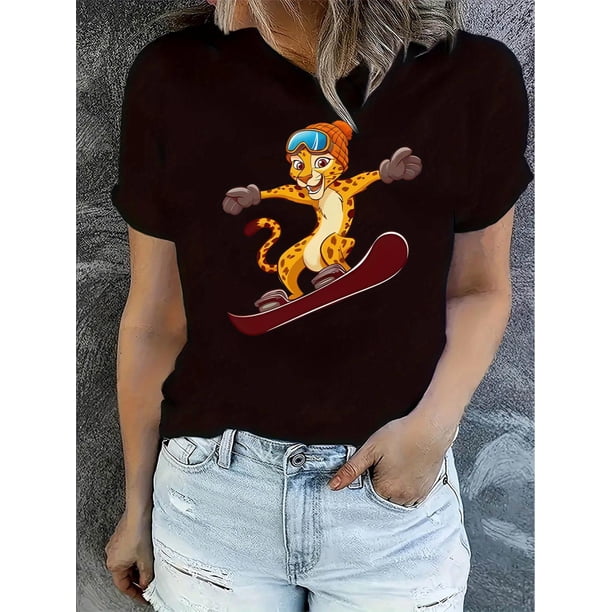 Women's Skiing Leopard Graphic Tee - Playful Animal Print, Casual Short Sleeve Crewneck T-Shirt, Lightweight & Comfortable for Summer Fun