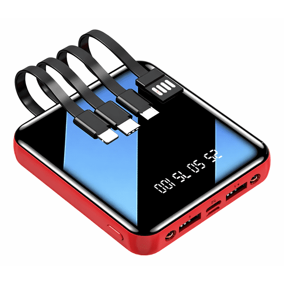 Power Bank 20000mAh 3 en 1 con Linterna Display LED USB C V8 rojo Portátil para Celular