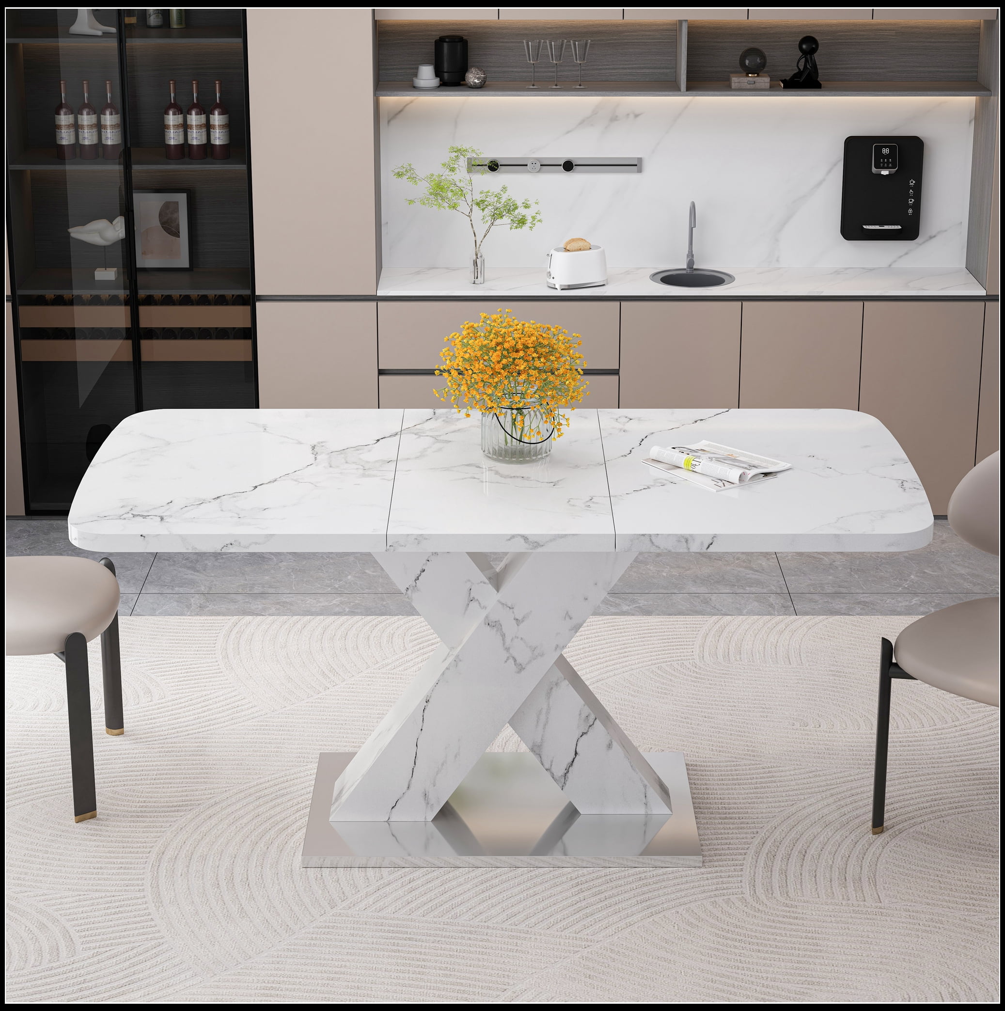 Modern Square Dining Table, Stretchable, with Printed White Marble Table Top+MDF X-Shape Table Leg with Metal Base