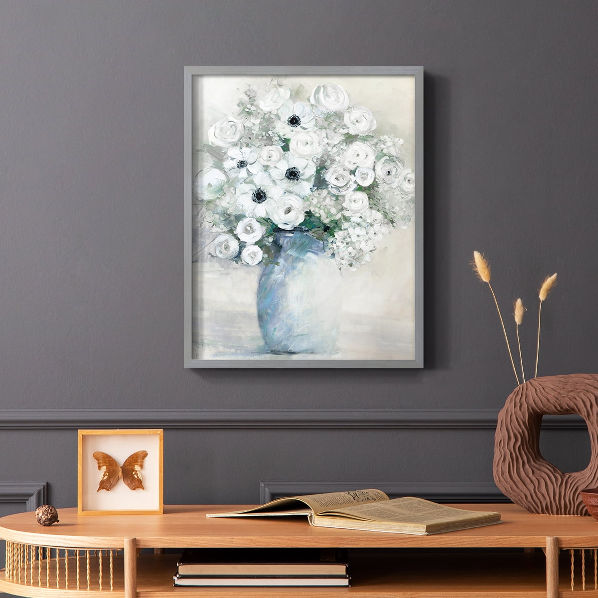 White Anemone Bouquet Framed Print in Gray Solid Wood 22 x 28 Framed Print