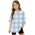 thumbnail image 6 of AUNVITO Girls Short Sleeve T shirt Kids Summer Oversized Plaid Printed Crew Neck Tops Casual Basic Tee 5-14Years, 6 of 8