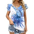 thumbnail image 4 of T-Shirts à Manches Courtes à Volants Bleu et Bleu, Col en V, Mode Décontractée, Bleu et Fleurs, 4 of 5