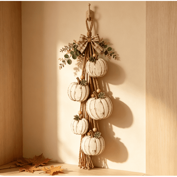 Fall Door Decor Pumpkin Hanging Swag, 5 Wooden Pumpkin Wall Hanging Decoration with Plaid Bow, Rustic Farmhouse Thanksgiving Decorations (Classic)