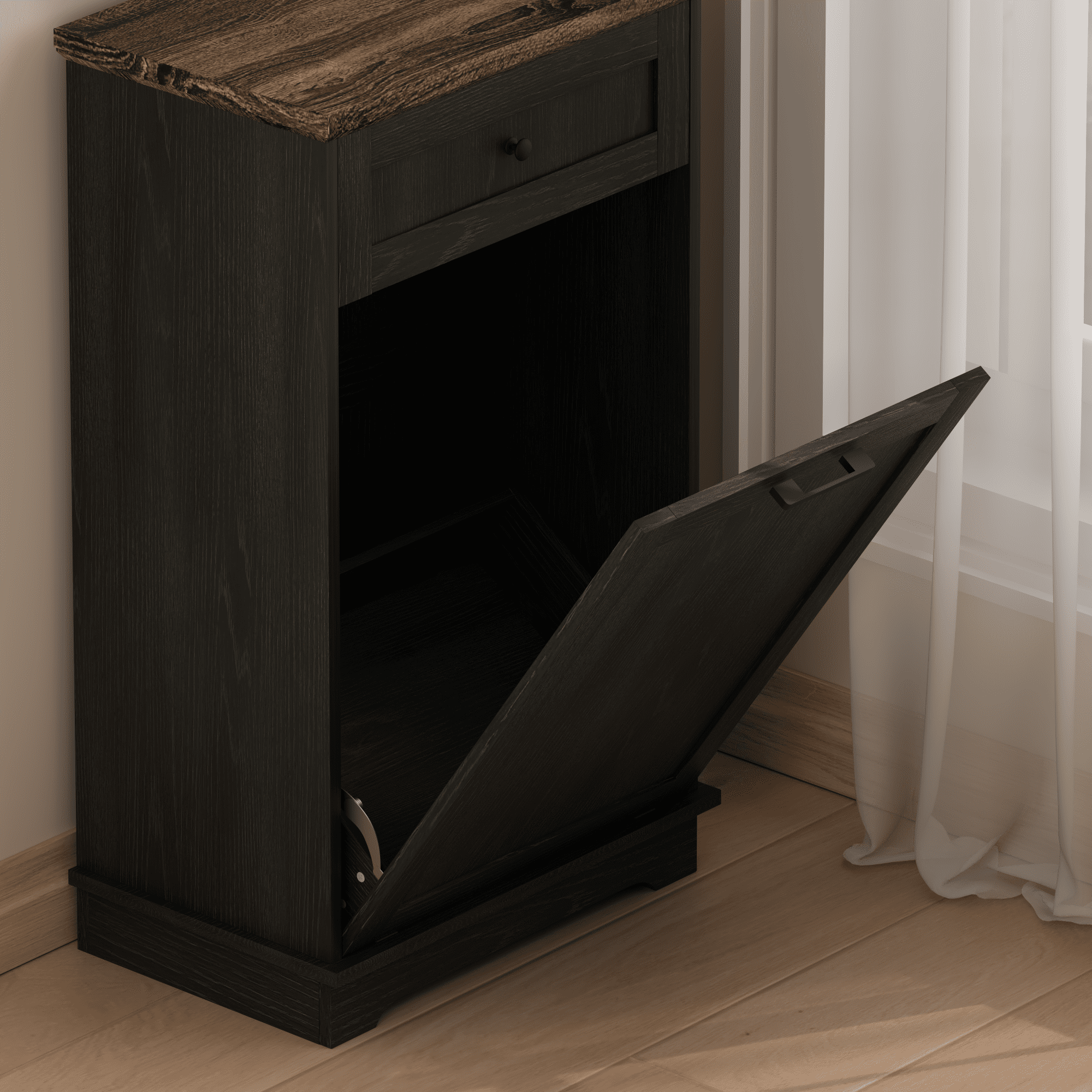 10 Gallon Tilt Out Trash Cabinet Freestanding Trash Bin Cabinet Wood Garbage Recycling Cabinet with Hideaway Drawer Pet Proof Trash Can Holder for Kitchen Living Room, Antique Black (not include can)