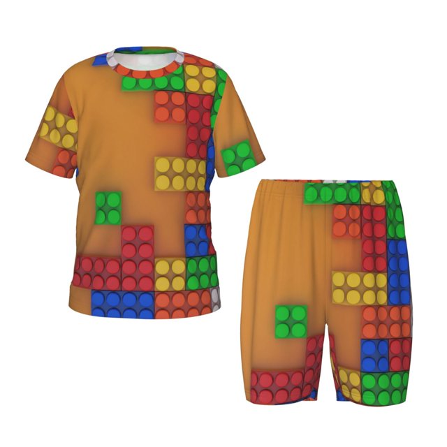 Lsque Blocs de Construction Colorés Motif A Ensemble de Pyjama Léger 2 Pcs en Coton Ajusté pour Filles - 4TG