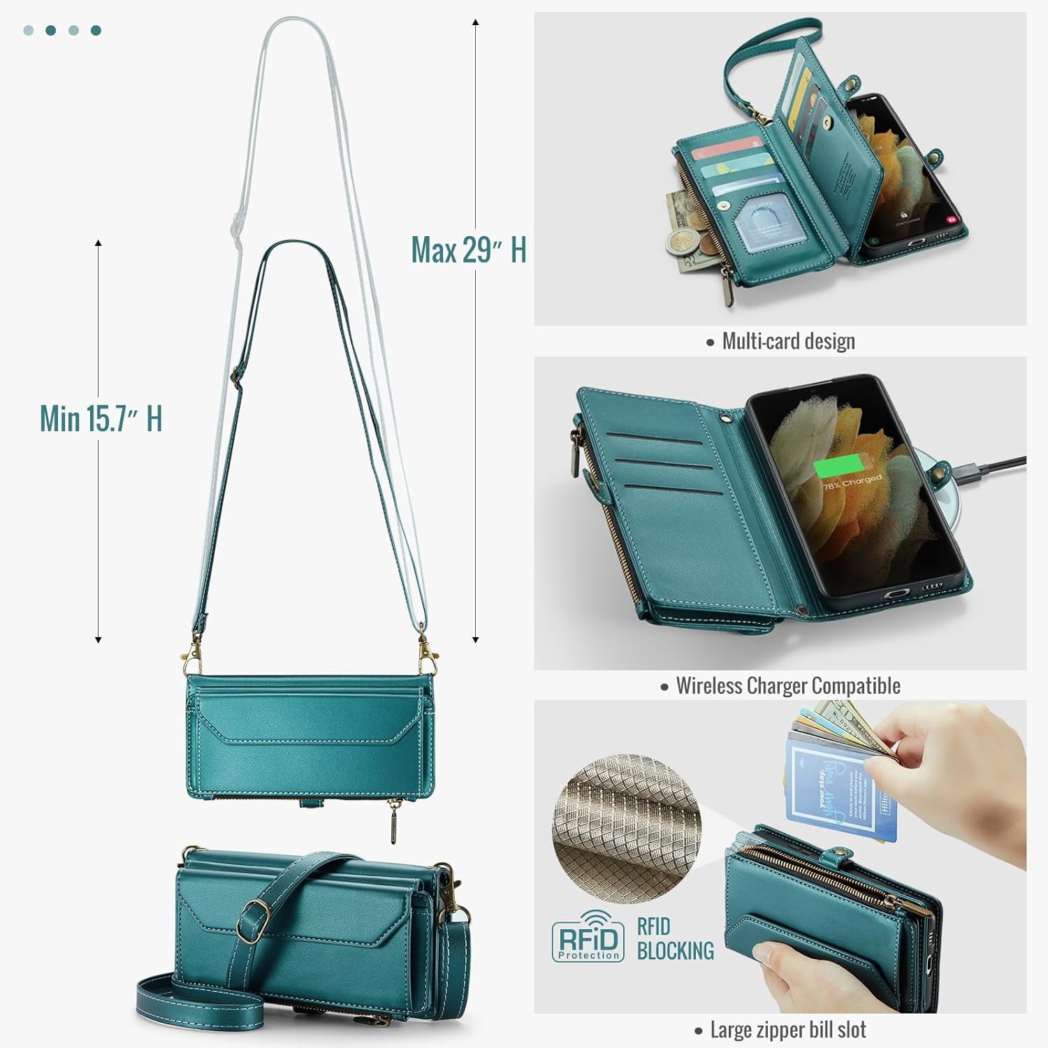 Phone Case for Samsung Galaxy S21 Ultra 5G Zipper Wallet Cover with Tempered Glass Screen Protector and Flip RFID Blocking Cash Card Holder Cell S21ultra 21S S 21 21ultra G5 Women Girls Green