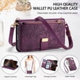 thumbnail image 2 of ELEHOLD Floral Embossed Leather Wallet Case for iPhone 15 Plus with Zipper Cash Slot, Card Holder Shockproof TPU Anti-Scratch Flip Stand Wallet Case Cover With Detachable Strap , Purple, 2 of 12