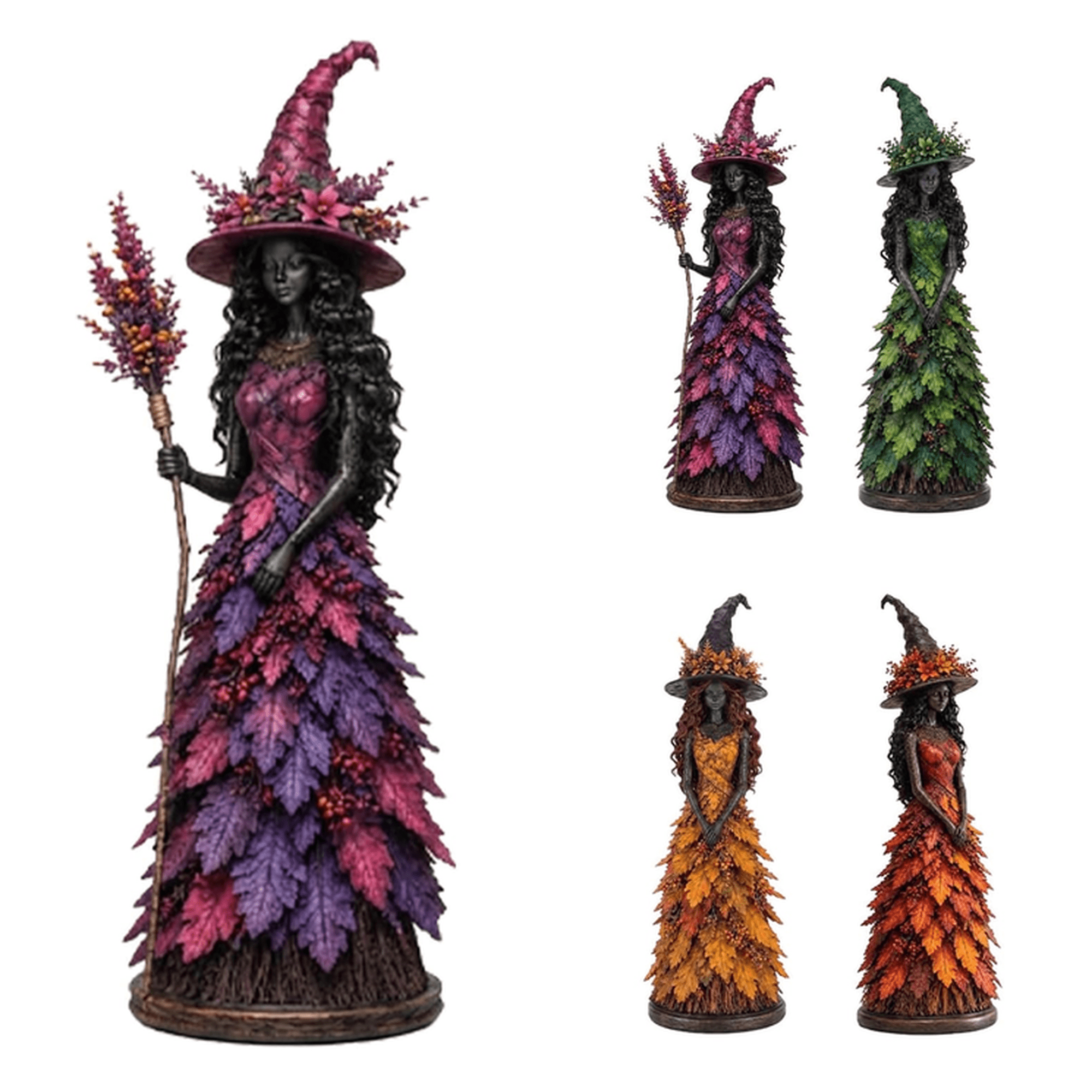 Enchanted Autumn Witch Figurine Fall Witch Decor Halloween Tabletop Statue with Leaf Gown Seasonal Resin Witch Decoration for Mantel Shelf Home,Golden Harvest Saffron-M
