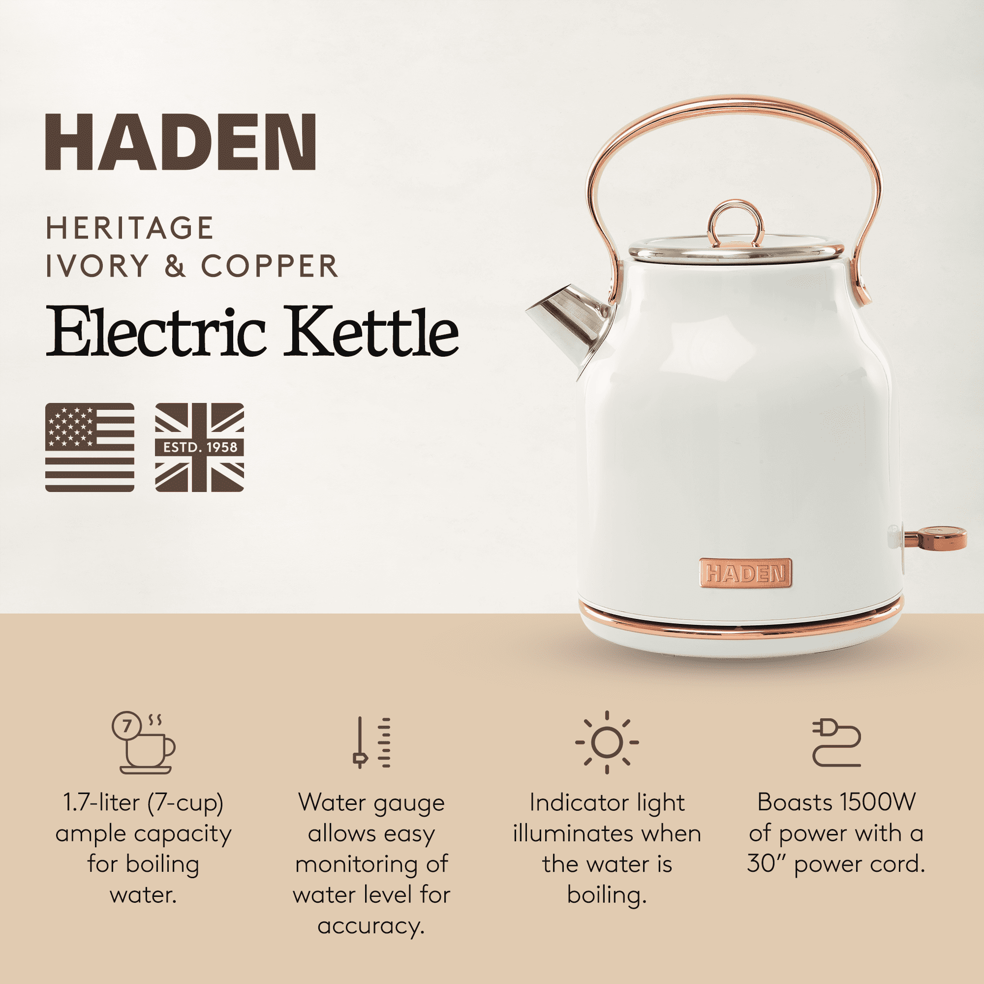 Haden Heritage 1.7 Liter Stainless Steel Electric Kettle, Ivory / Copper - 75089