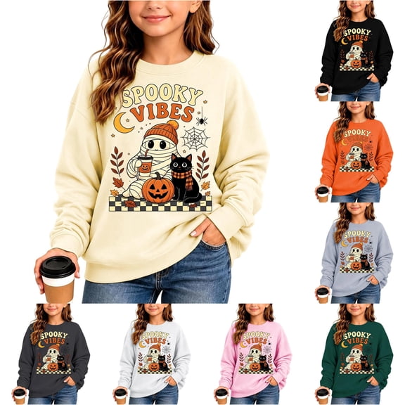 Venzia Women Cute Fall Sweatshirt, Retro Pumpkin Black Cat Cartoon Graphic Crewneck Casual Autumn Pullover Top
