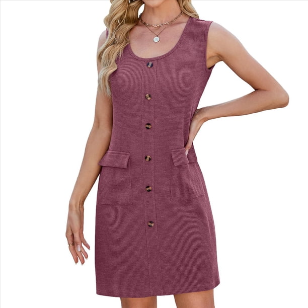 Vestido Corto de Fiesta Ajustado con Bolsillos, Sin Mangas, Cuello Redondo, Botones, de Punto, Color Liso, para Mujer (Verano 2025) Rojo Ladrillo M