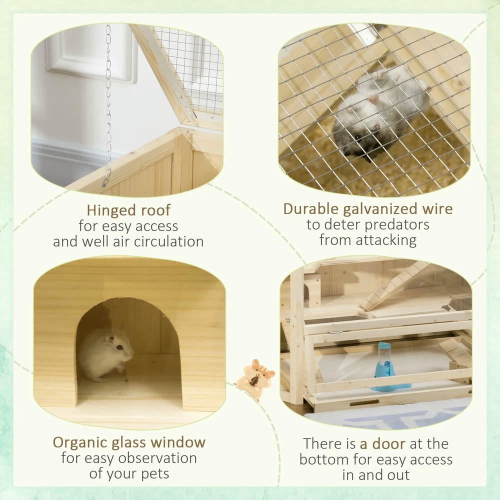 GVN Wooden Large Hamster Cage Small Animal Exercise Play House 3 Tier with Tray, Water Bottle, Natural