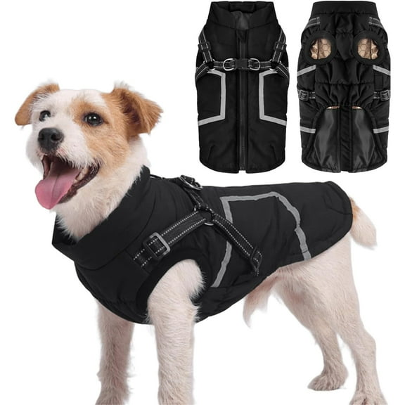 HQREA Winter Dog Coat with Harness Reflective Dog Vest Jacket Cold Weather Pets Clothes for Small Medium Dogs