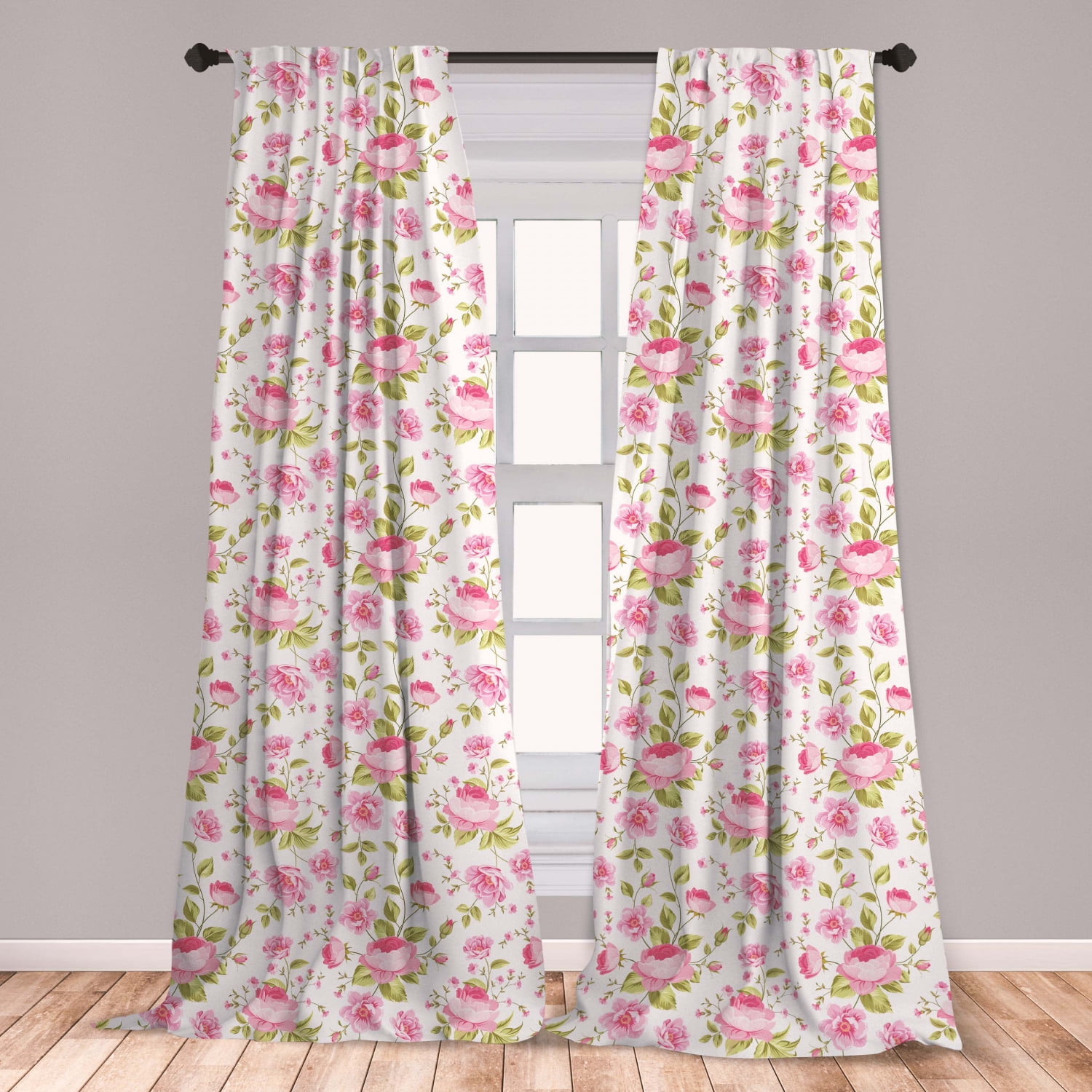 Pink Leaves Curtains 2 Panels Set, Vintage Style English Garden Themed