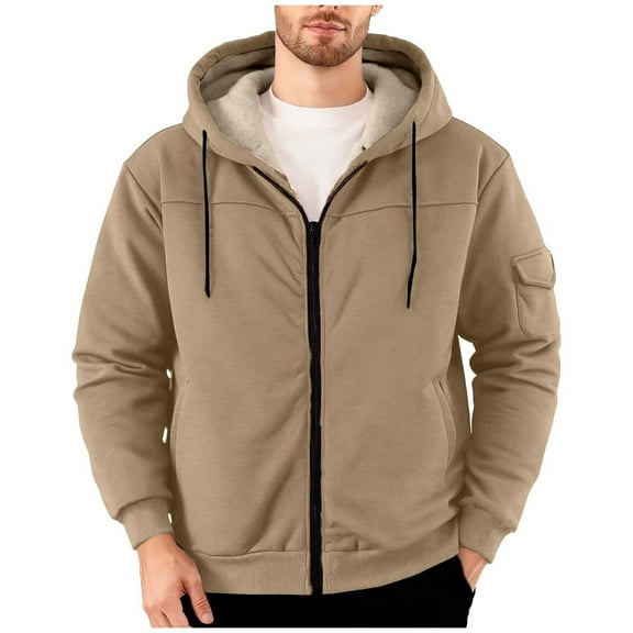 ZCFZJW Sherpa Hoodie Men Sherpa Lined Full Zip Fleece Drawstring Long Sleeve Hooded Outwear Pullover Sweatshirt Winter Thick Warm Outdoor Jackets with Pockets Khaki XXXL