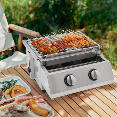 Portable 2 Burner Gas BBQ Grill Tabletop Camping Smokeless Grill Stainless Steel 2800Pa 16.34*14.37*7.09inch for Camping, Picnics, Family Gatherings