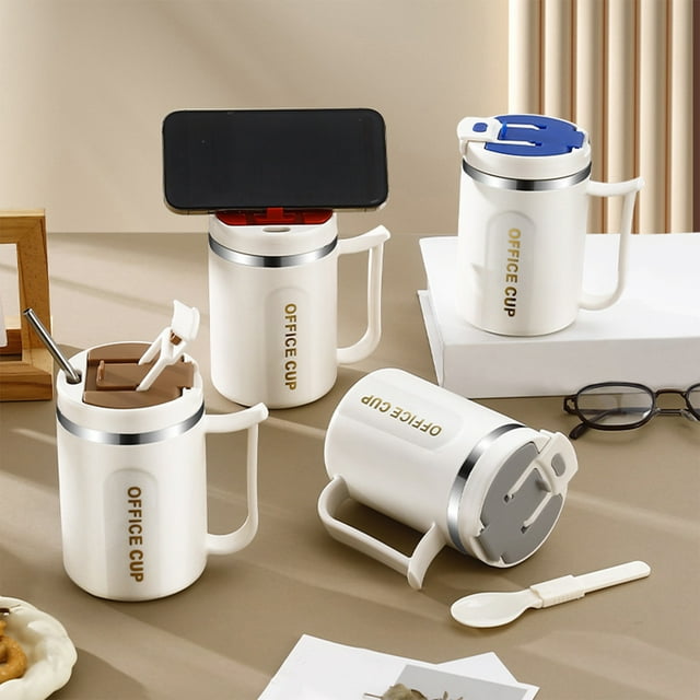 Sentmoon Tasses en Acier Inoxydable Tasses à Café Tasse à Café Portable à Double Paroi Tasse en Acier Inoxydable avec Couvercle et Poignée Tasse à Café Isolée Chauffable par Induction pour Voyage Camping Bureau