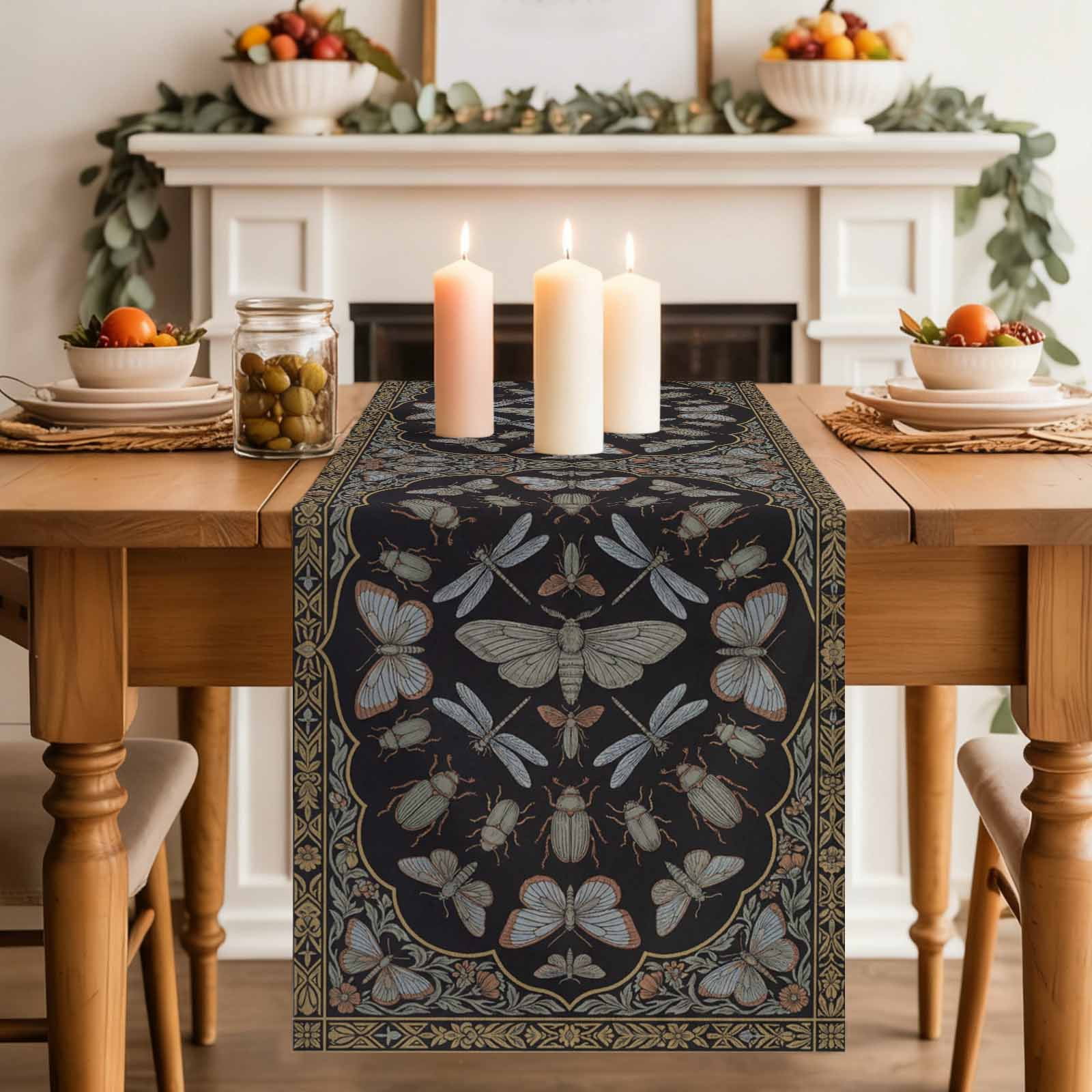 Vintage Dragonfly Table Runner Abstract Butterflies Black Classical Floral Washable Cotton-linen Table Runners Dining Kitchen Decoration for Everyday Home Wedding Party Decor 13 x 48 Inch