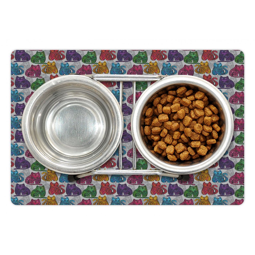 Kittens Pet Mat for Food and Water, Funny Ornamental Cat in Floral and