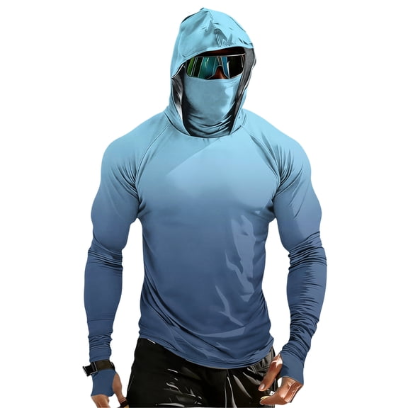Gaukiv Men's Hooded Shirts Long Sleeve Sun Tops Gradient Print Outdoor Tees Navy 3XL