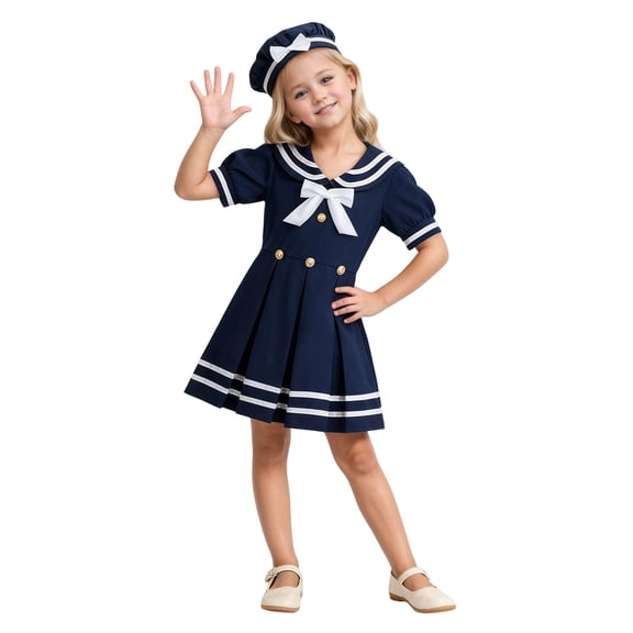 SJLDQY Childrens Girls Sailor Dress Up Fashion Pleated Dress With Hat Outfits Party Stage Performance Trousers