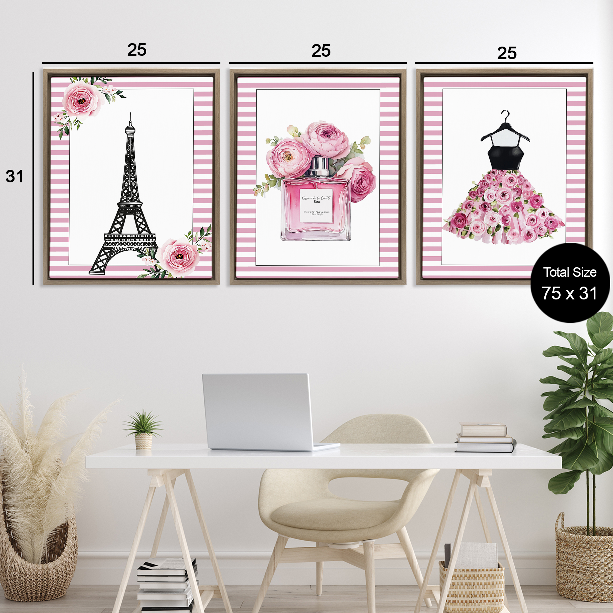 Parisian Glam with Stripes 3 Piece Brown Framed Floater Canvas Set, design by Christine Simpson Art